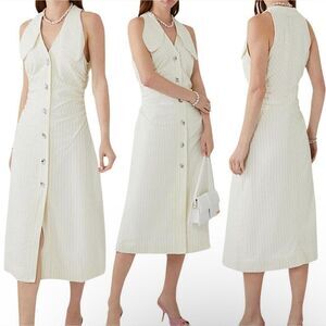 Ganni Seersucker Stripe Midi Dress Stripe Flan Size 14 Yellow